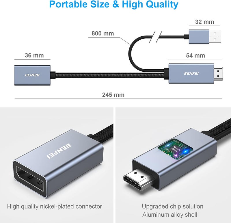 Benfei محول HDMI إلى DisplayPort، مصدر HDMI إلى شاشة DisplayPort متوافق مع بطاقة الرسوميات للكمبيوتر المحمول PS5 Xbox One(360) يدعم 4K@60Hz 2K@144Hz 1080P@165Hz - Image 5